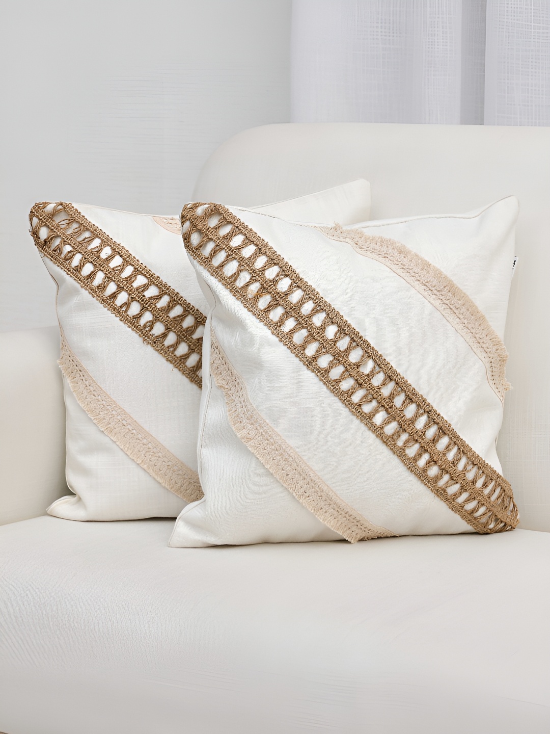 

Ariana White & Brown 2 Pieces Striped Cotton Square Cushion Covers