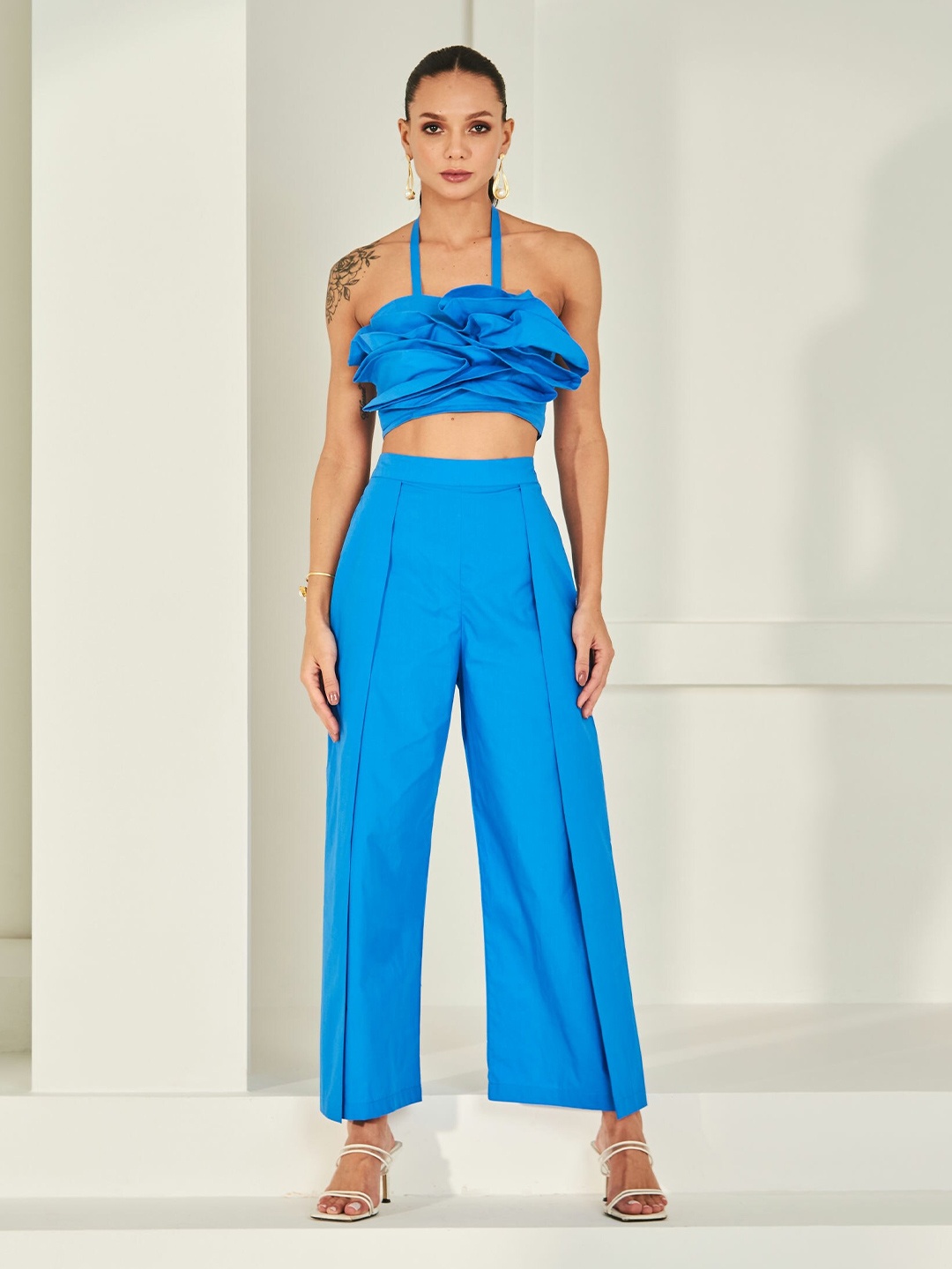 

By The Bay LILY Halter Neck Ruffles Detailed Pure Cotton Crop Top With Trouser, Blue