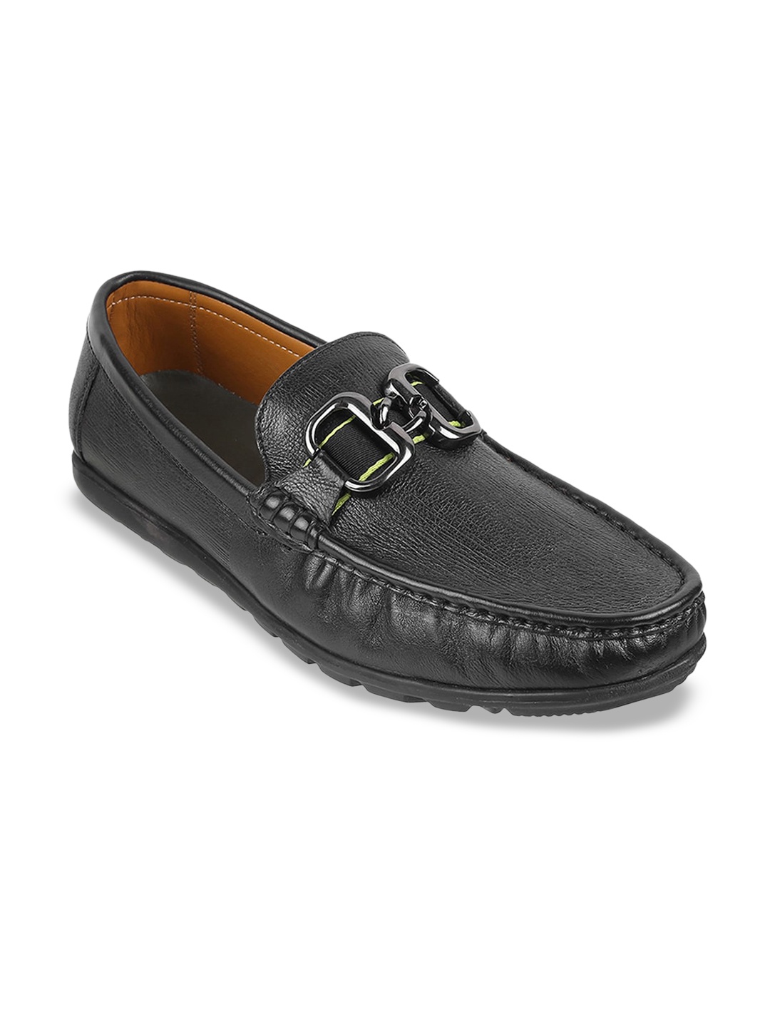

Metro Men Textured Buckle Detail Leather Loafers, Black