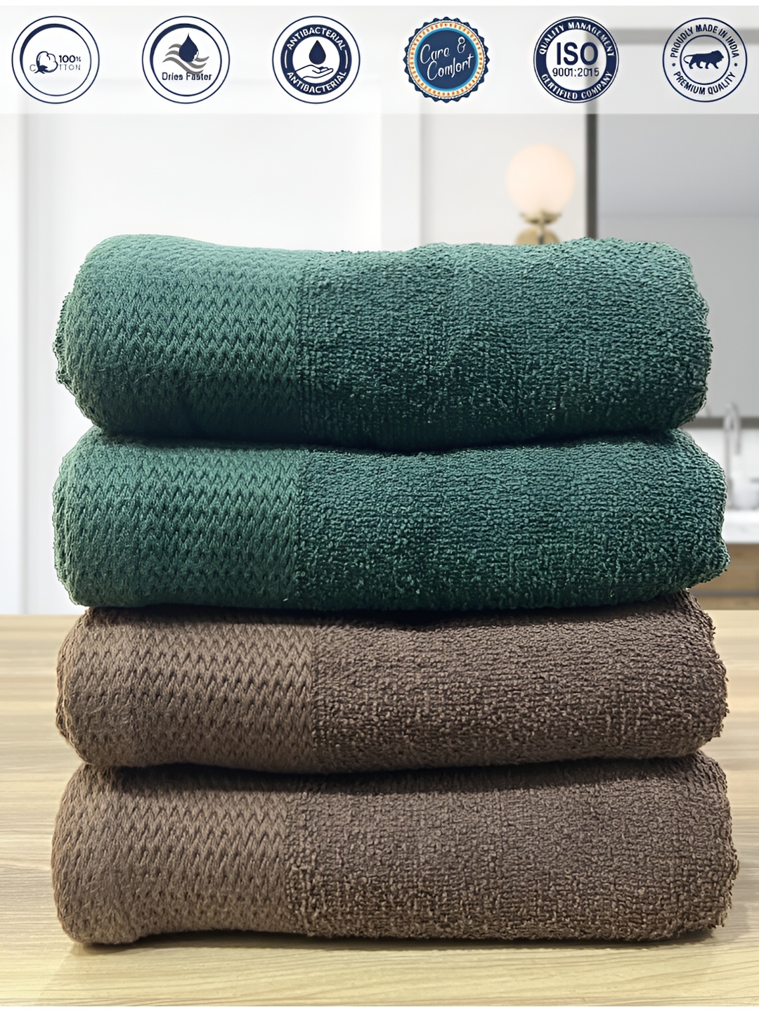 

LABHAM 4 Pcs Brown & Green Anti-Bacterial Pure Cotton 450 GSM Hand Towels