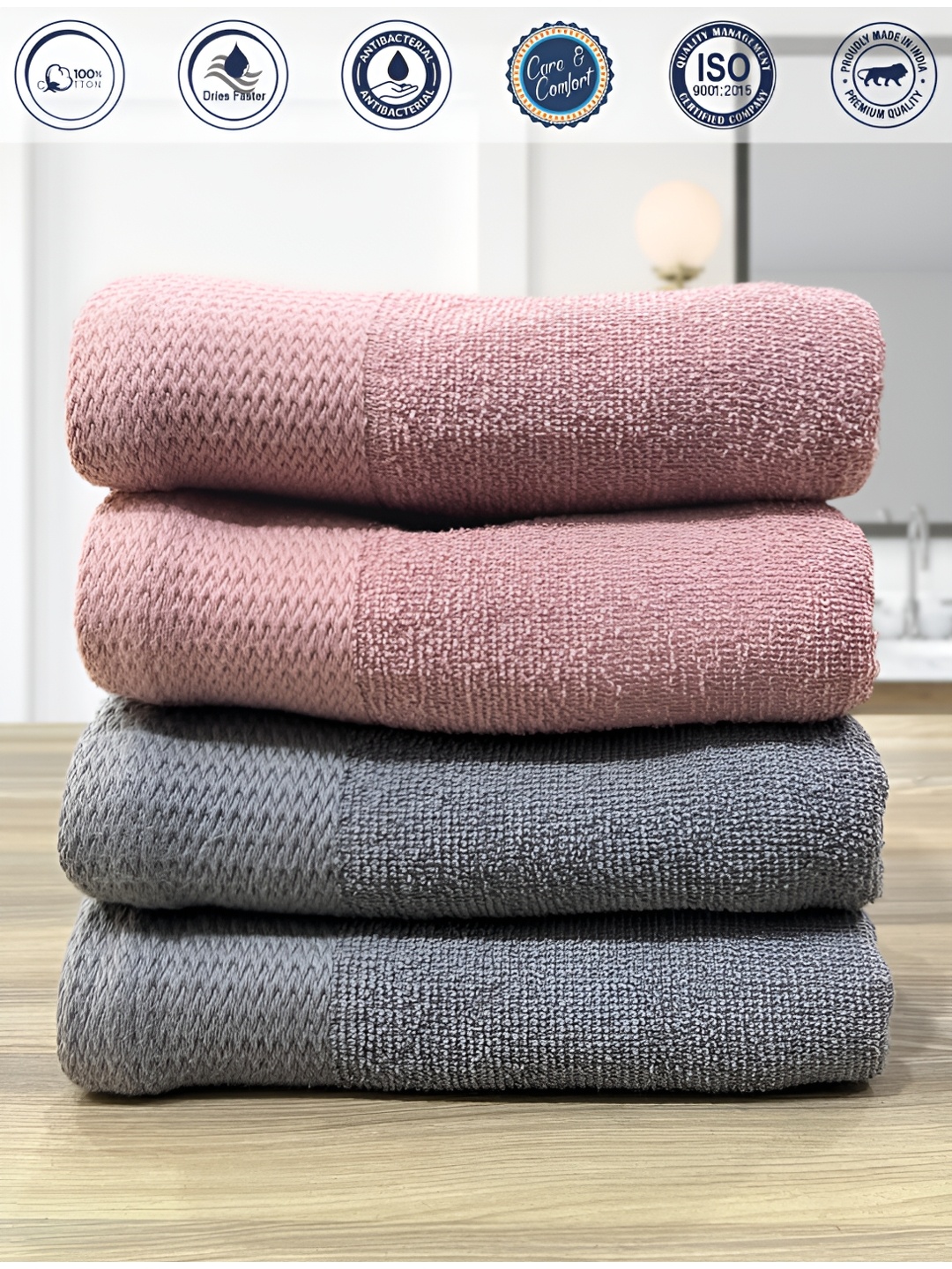 

LABHAM 4 Pcs Rose Pink & Grey Anti-Bacterial Pure Cotton 450 GSM Hand Towels