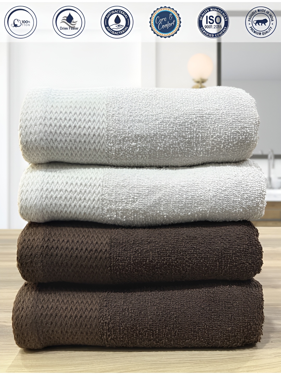 

LABHAM 4 Pcs Brown & Grey Anti-Bacterial Pure Cotton 450 GSM Hand Towels