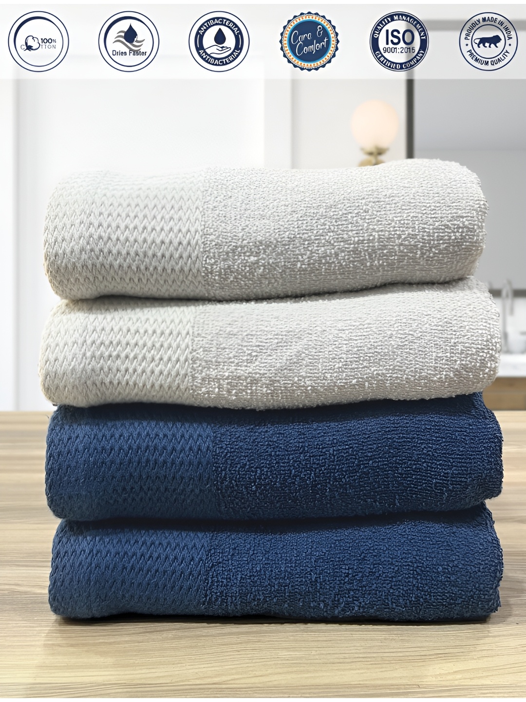 

LABHAM 4 Pcs Cream Colored & Blue Anti-Bacterial Pure Cotton 450 GSM Hand Towels