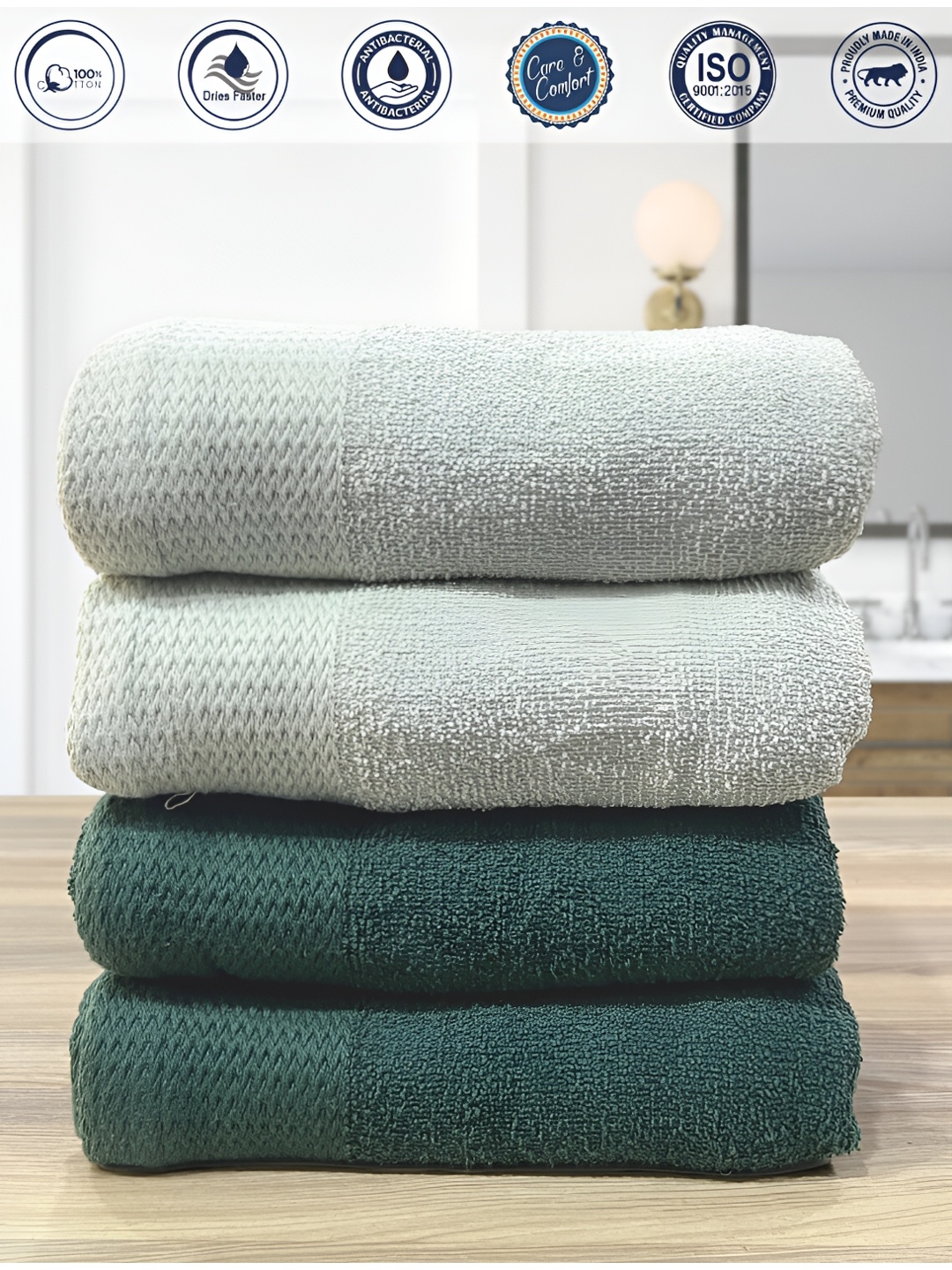 

LABHAM 4 Pcs Green & Light Green Anti-Bacterial Pure Cotton 450 GSM Hand Towels