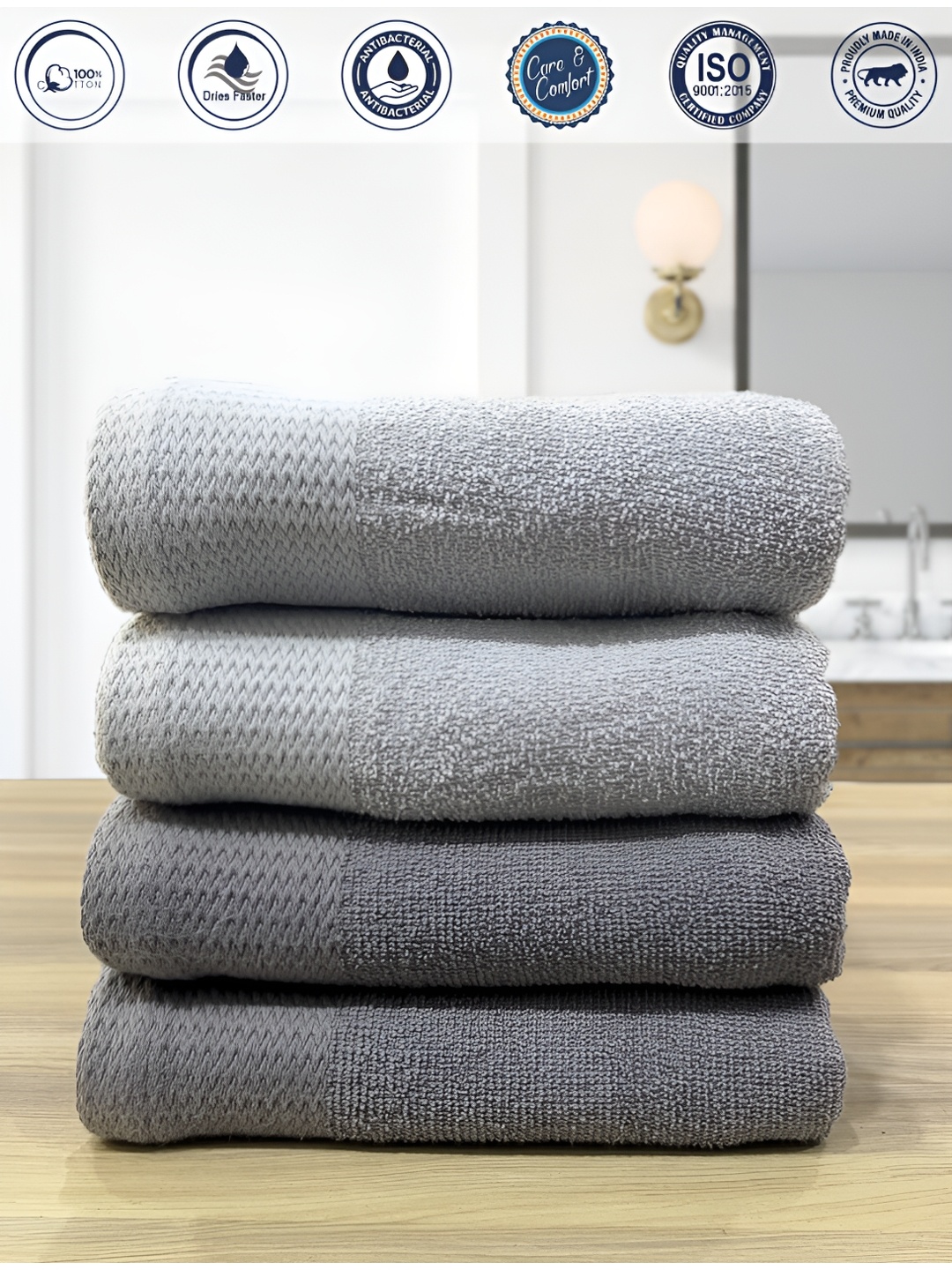 

LABHAM 4 Pcs Grey Anti-Bacterial Pure Cotton 450 GSM Hand Towels, Silver