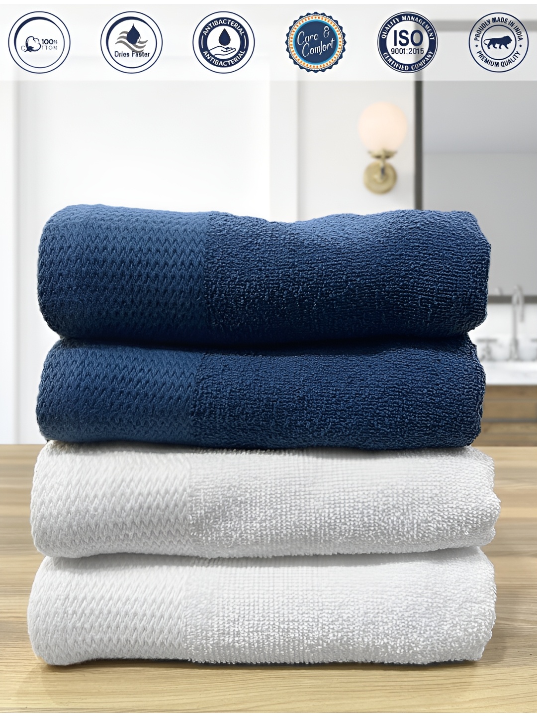 

LABHAM 4 Pcs White & Blue Anti-Bacterial Pure Cotton 450 GSM Hand Towels