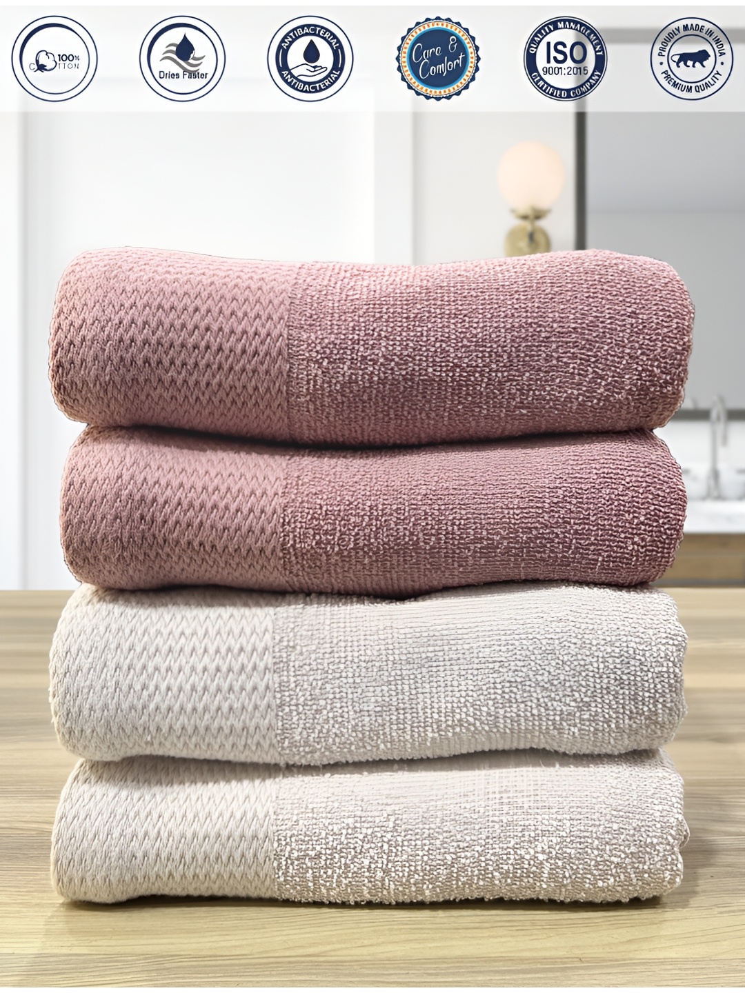 

LABHAM 4 Pcs Rose pink & Beige Anti-Bacterial Pure Cotton 450 GSM Hand Towels