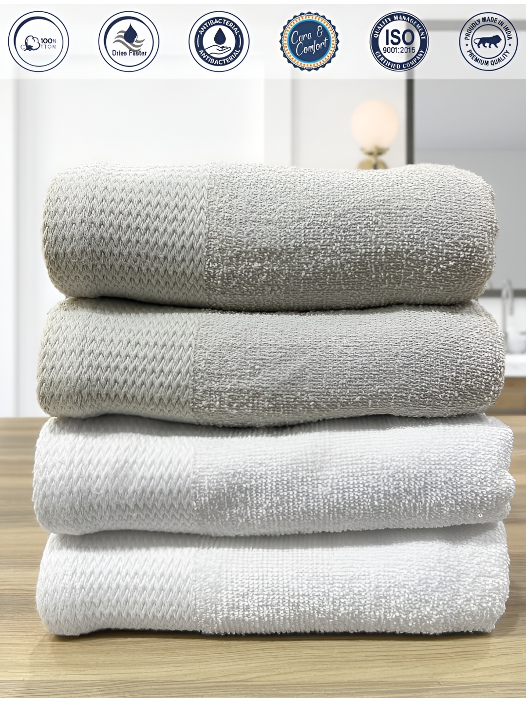 

LABHAM 4 Pcs Cream Colored & White Anti-Bacterial Pure Cotton 450 GSM Hand Towels