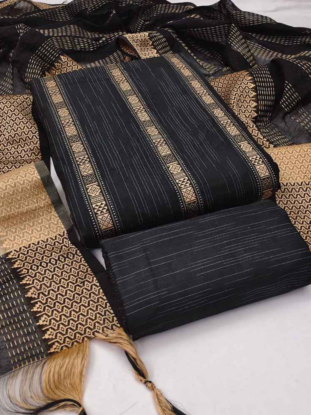 

faxofab Geometric Woven Design Unstitched Dress Material, Black