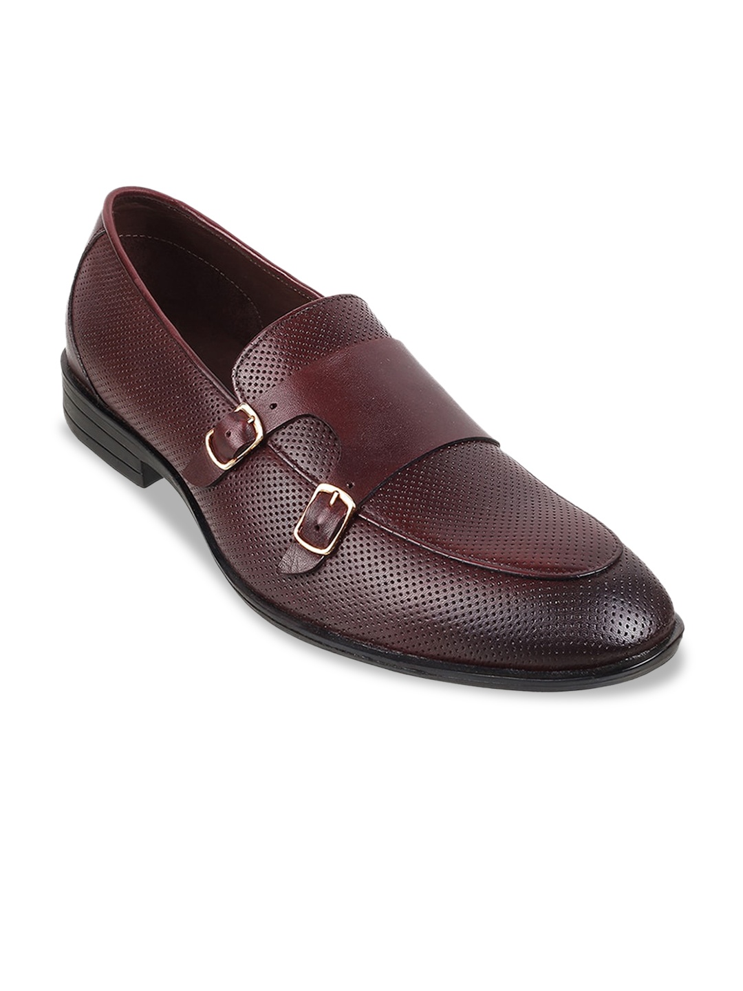

Mochi Men Textured Round Toe Leather Formal Monk Shoes, Maroon