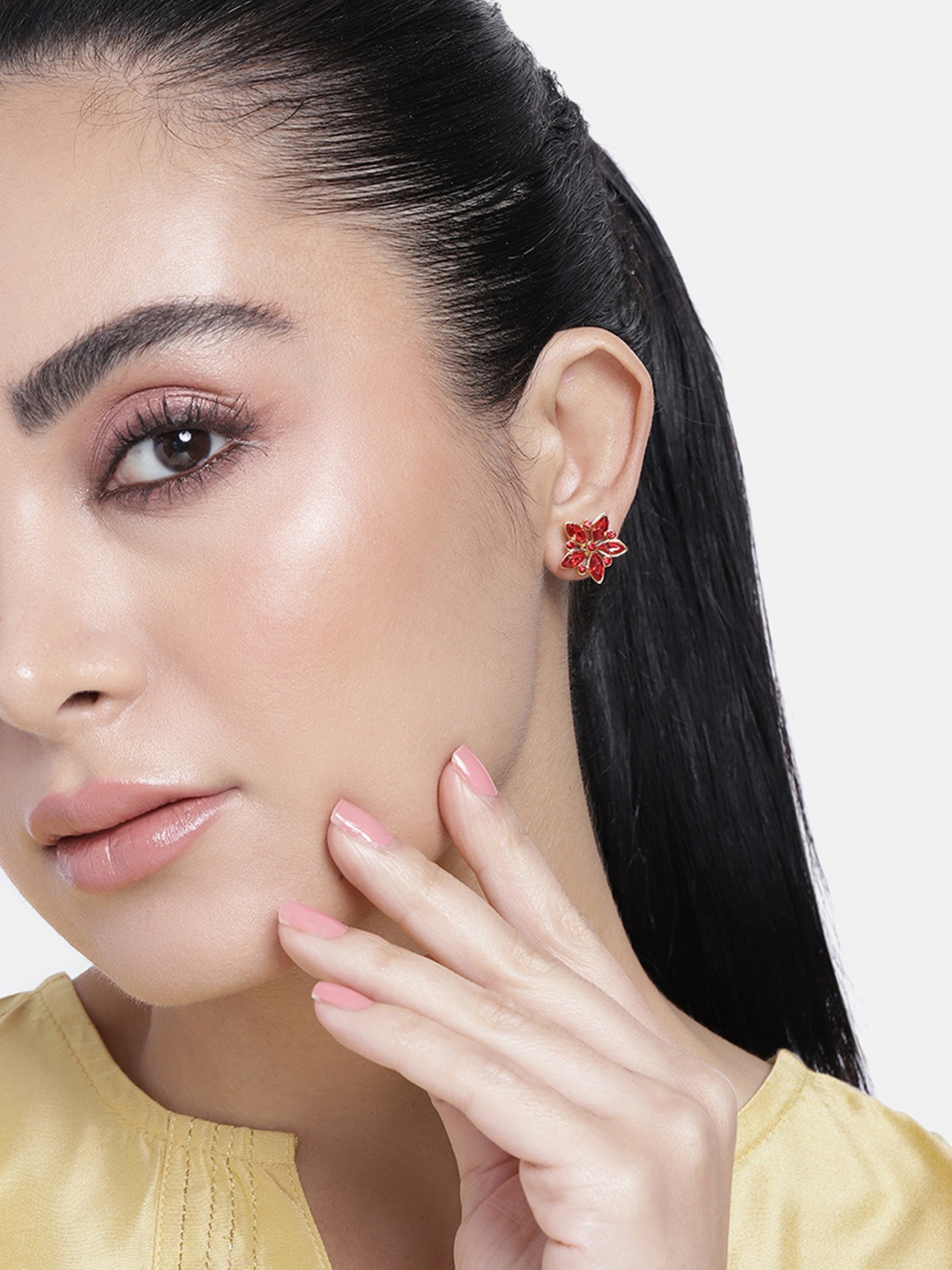 

Estele Gold-Plated Floral Crystal Studs, Red