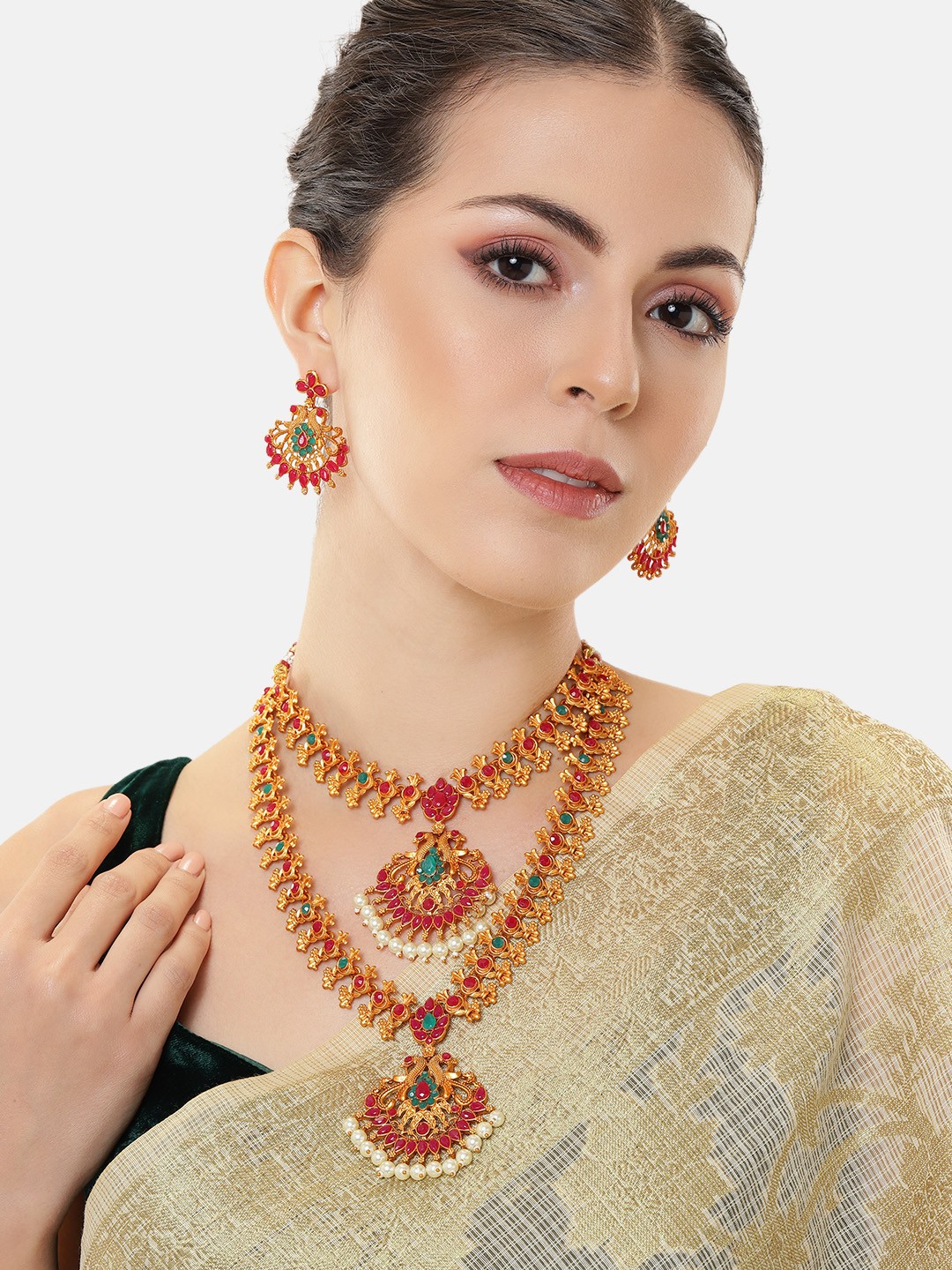 

Estele Gold-Plated Peacock Nakshi Temple Jewellery Set