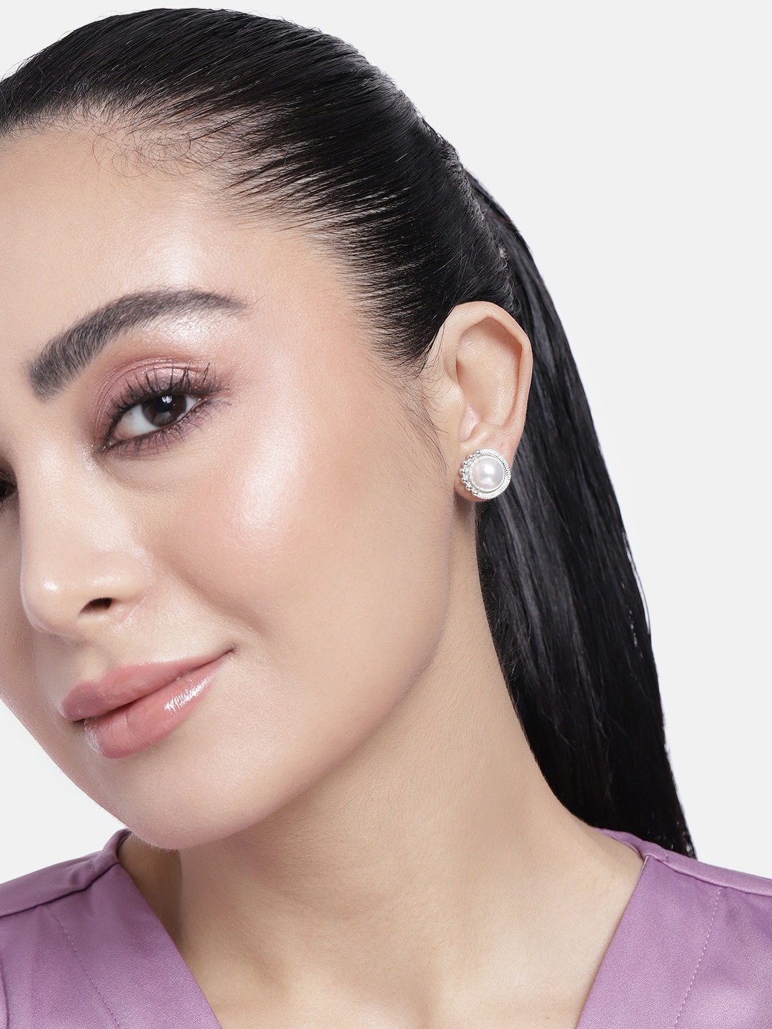 

Estele Rhodium-Plated Pearls-Studded Circular Studs Earrings, White