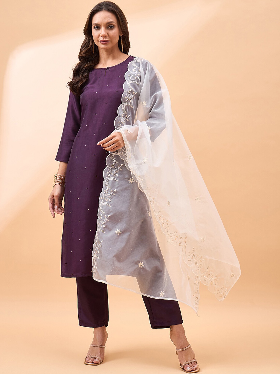 

all about you Embroidered Regular Thread Work Straight Kurta with Trouser & Dupatta, Purple