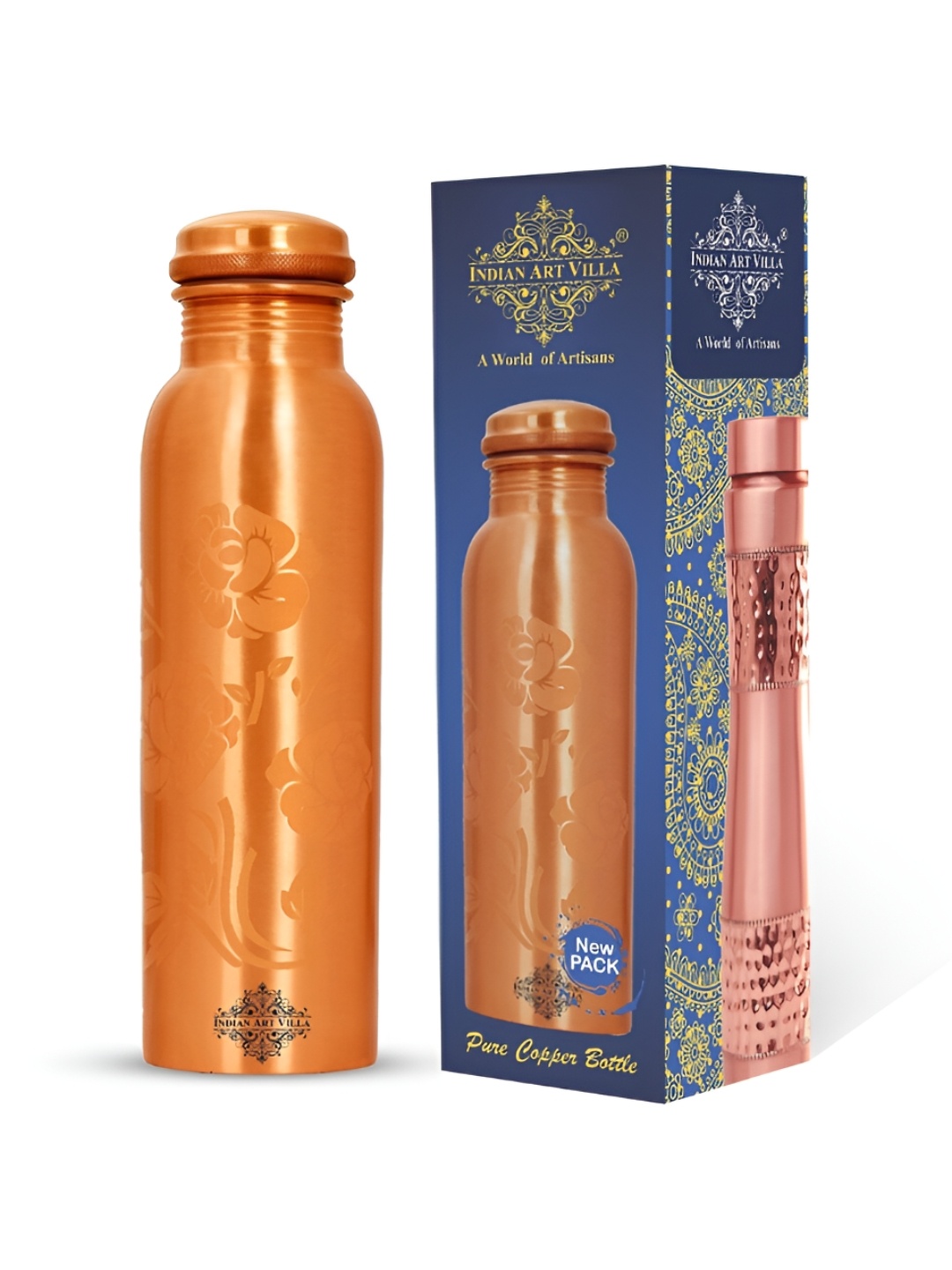 

INDIAN ART VILLA Brown Floral Printed Copper Water Bottle 1 L