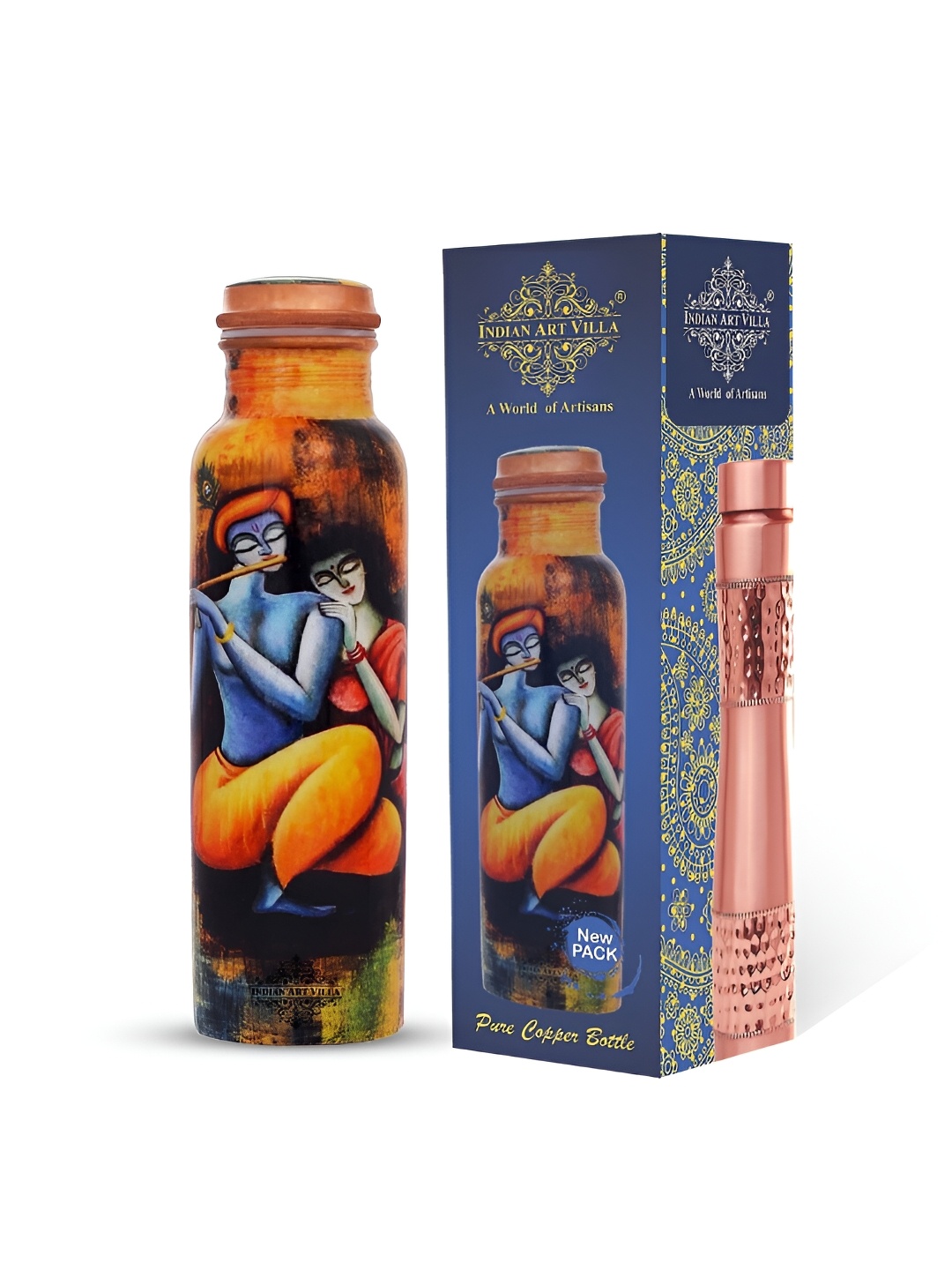 

INDIAN ART VILLA Brown & Blue Printed Copper Water Bottle 1 L