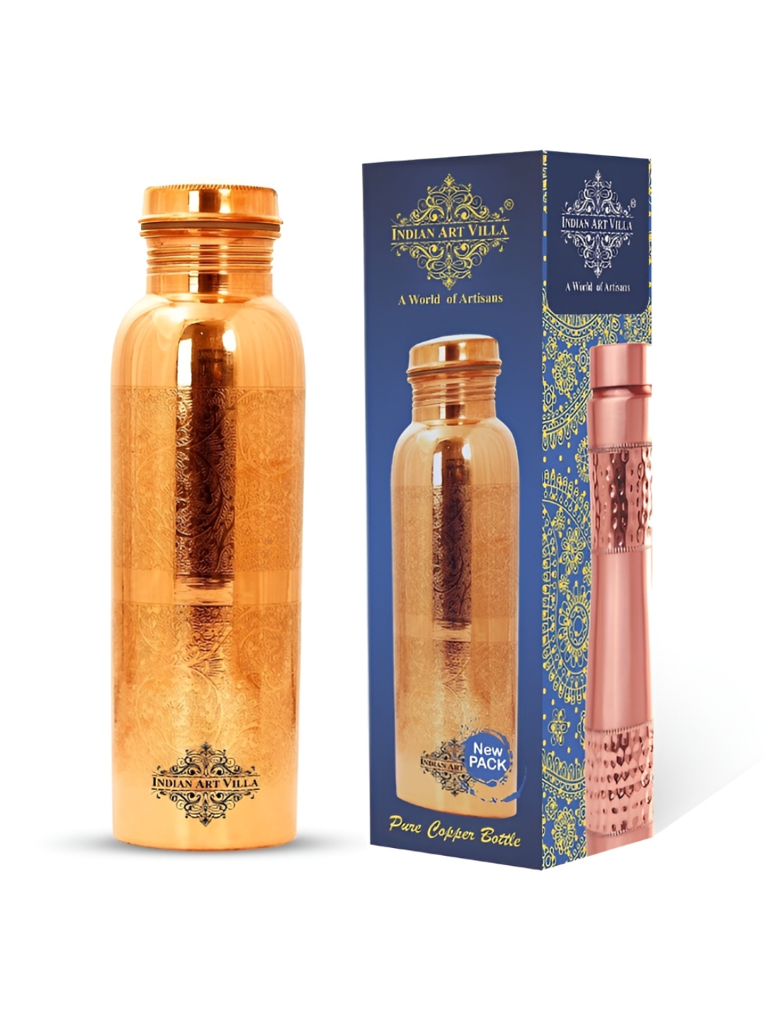 

INDIAN ART VILLA Gold Toned Single Copper Water Bottle 750 ml, Brown