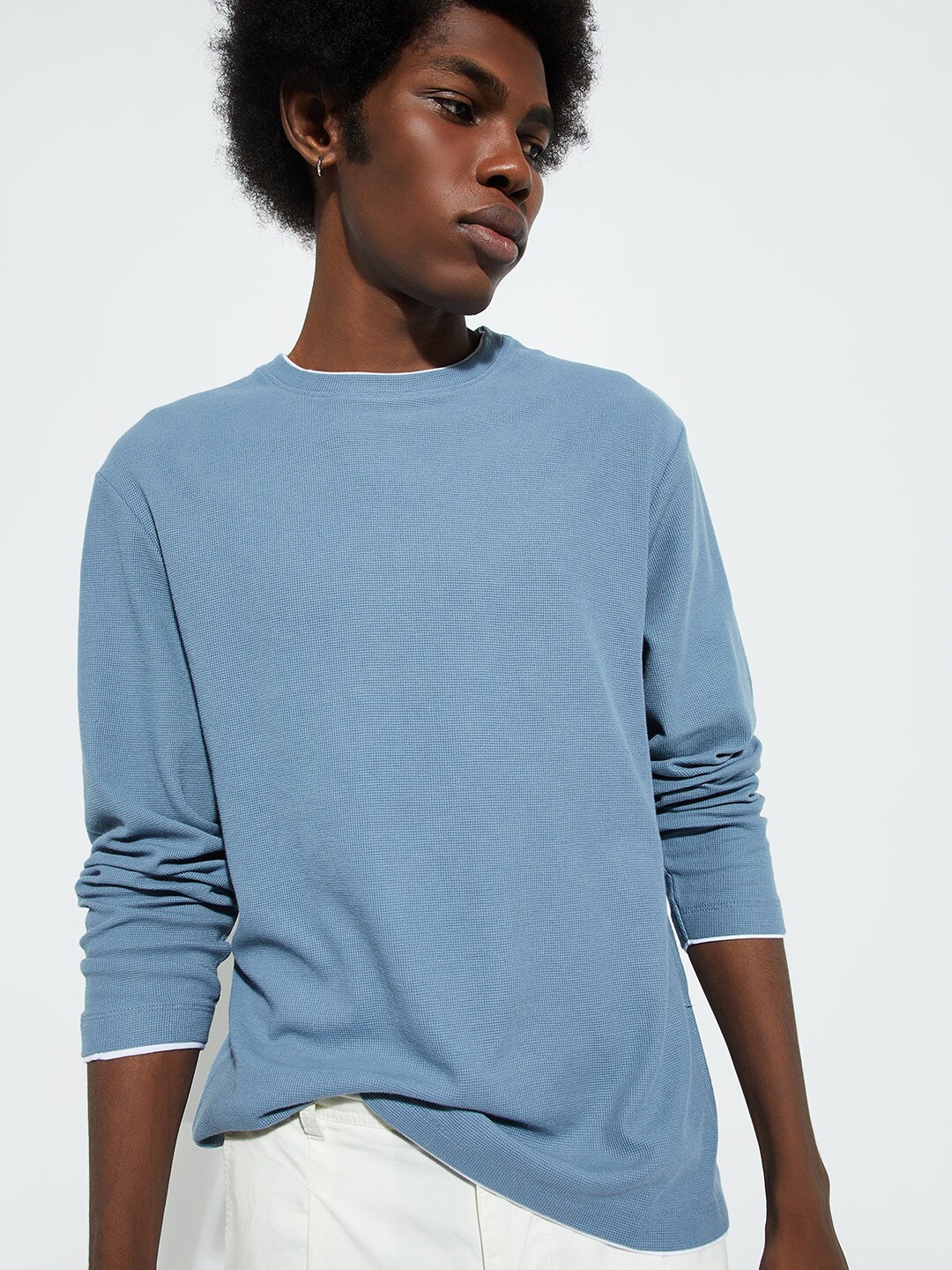 

max URB_N Self Design Round Neck T-shirt, Blue