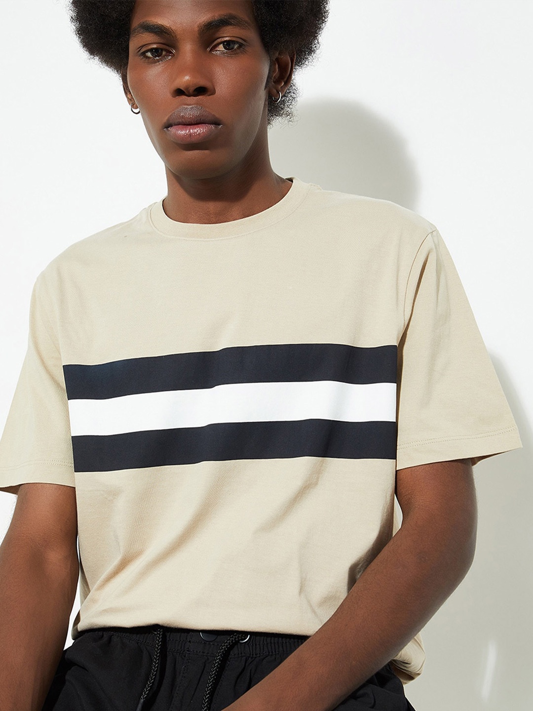 

max URB_N Striped Round Neck Pure Cotton T-shirt, Beige