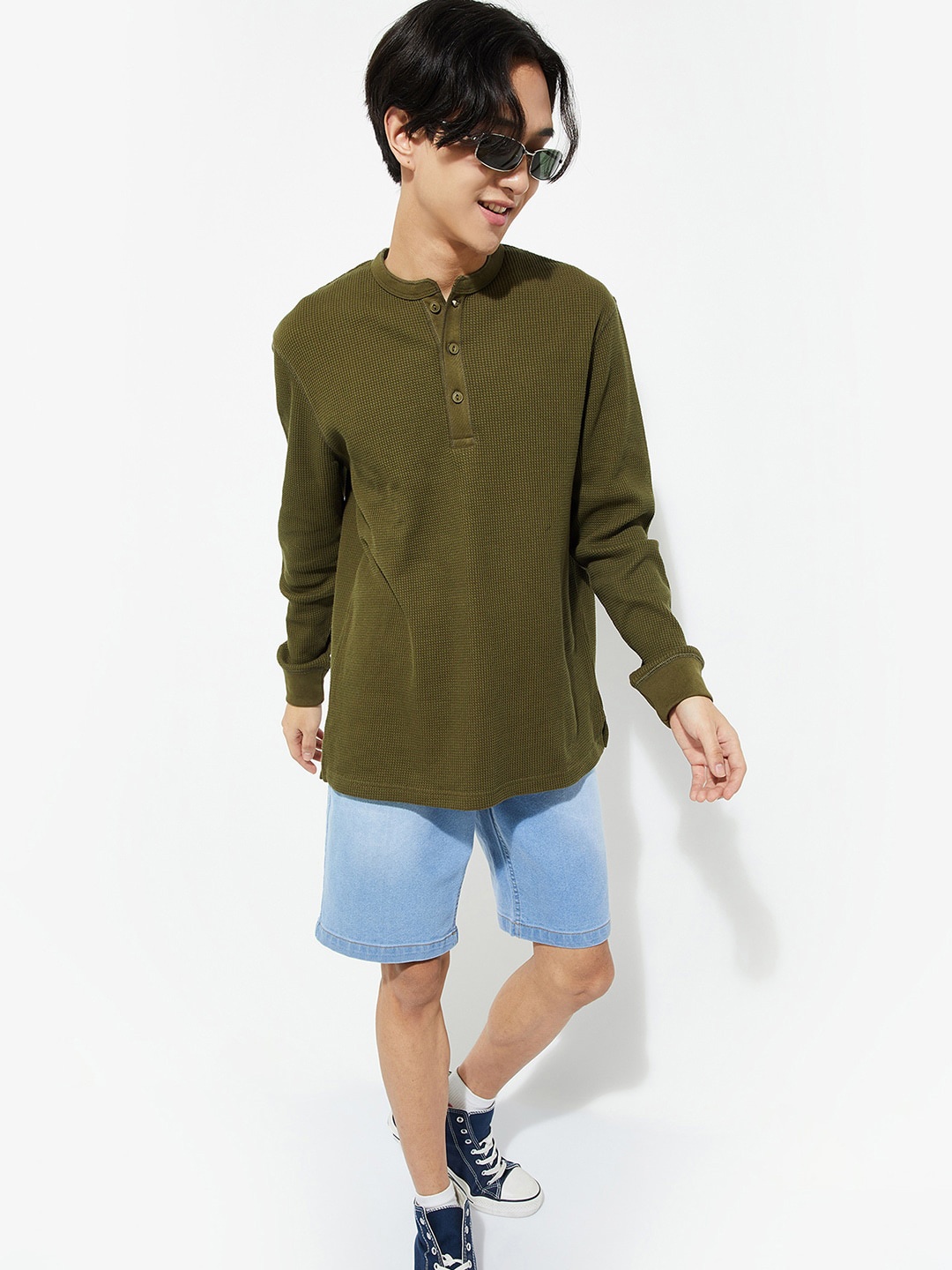 

max URB_N Henley Neck Cotton T-shirt, Olive