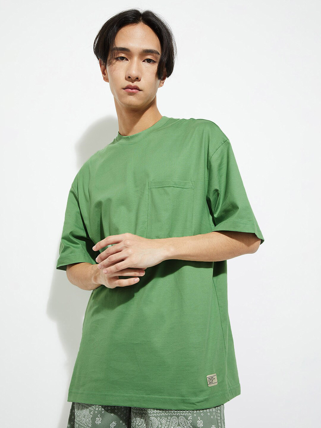 

max URB_N Round Neck Three-Quarter Sleeves Cotton T-shirt, Green