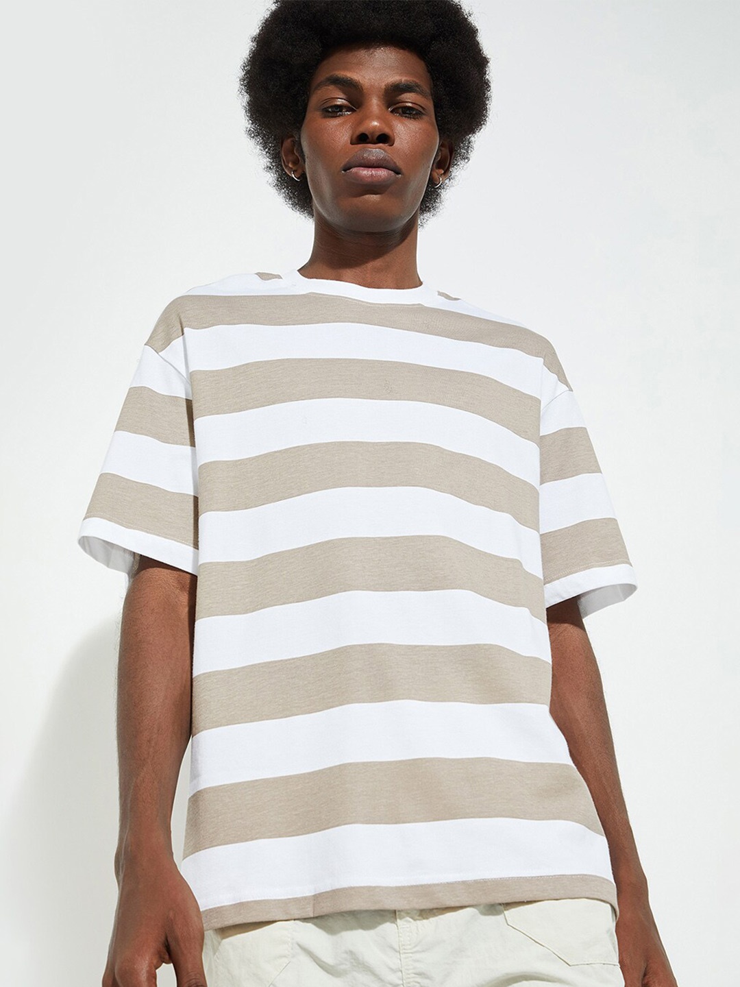 

max URB_N Striped Round Neck Short Sleeves T-shirt, Beige