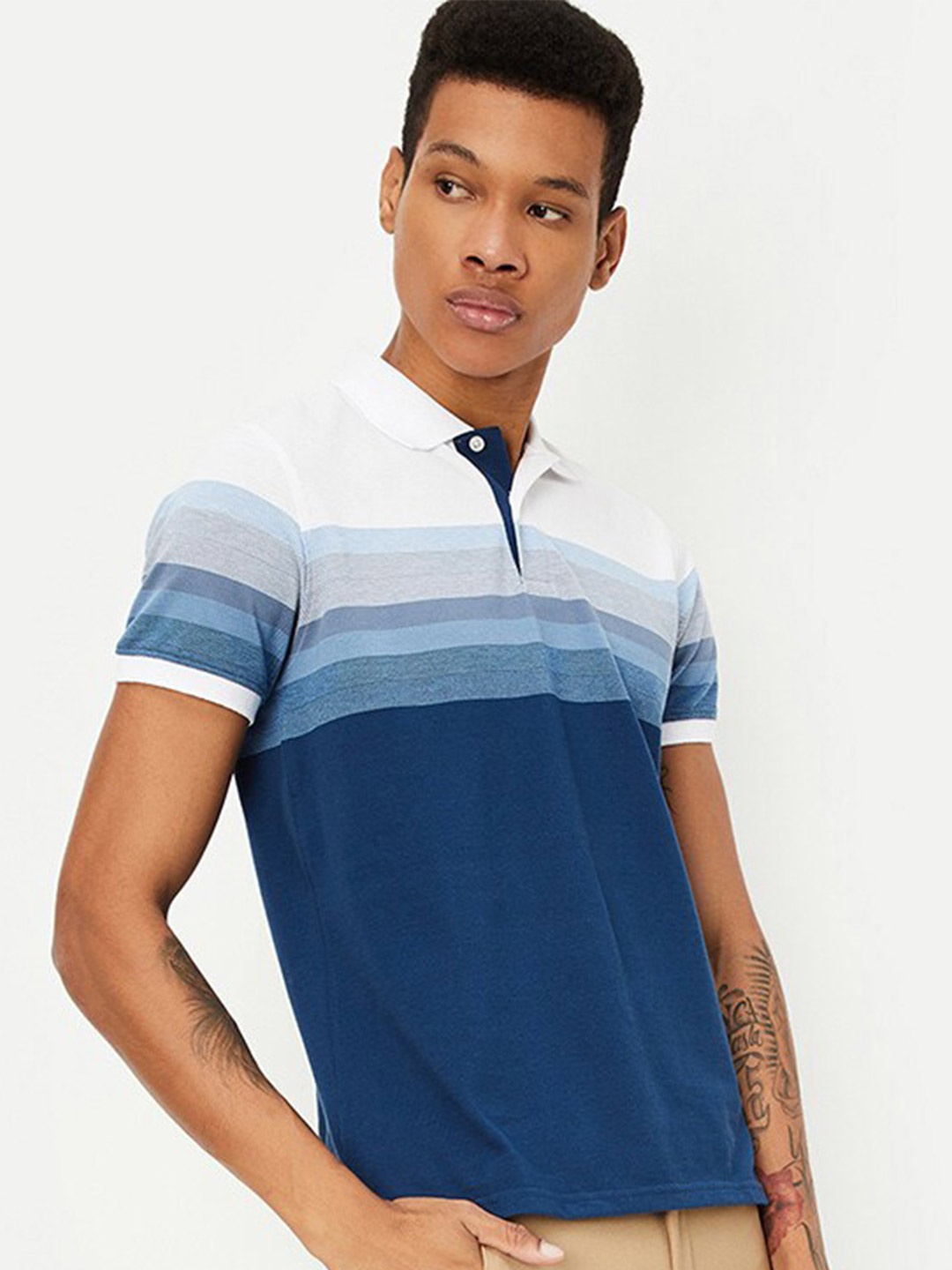 

max Colourblocked Polo Collar T-shirt, Blue