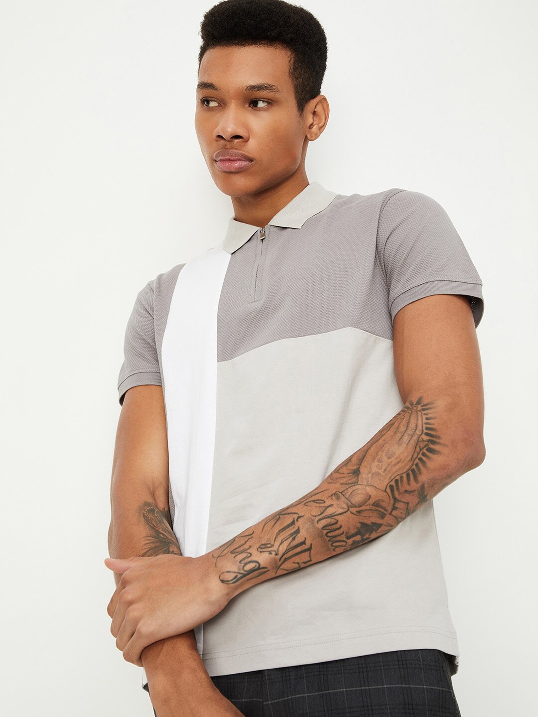 

max Colourblocked Cotton Polo Collar T-shirt, Grey