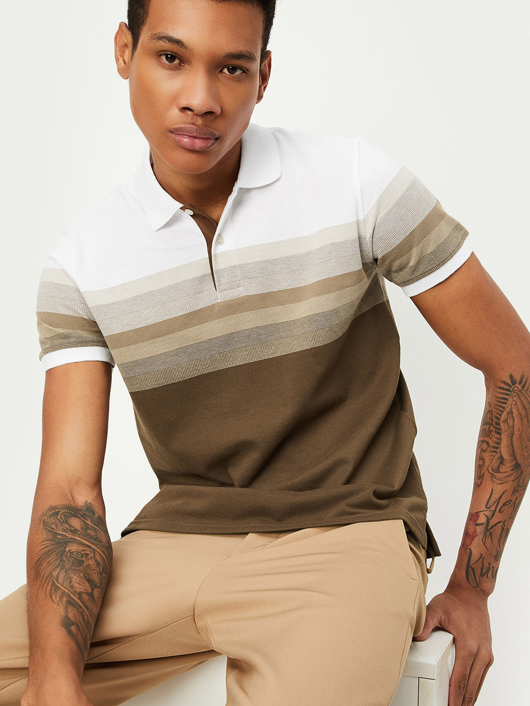 

max Striped Polo Collar T-shirt, Beige