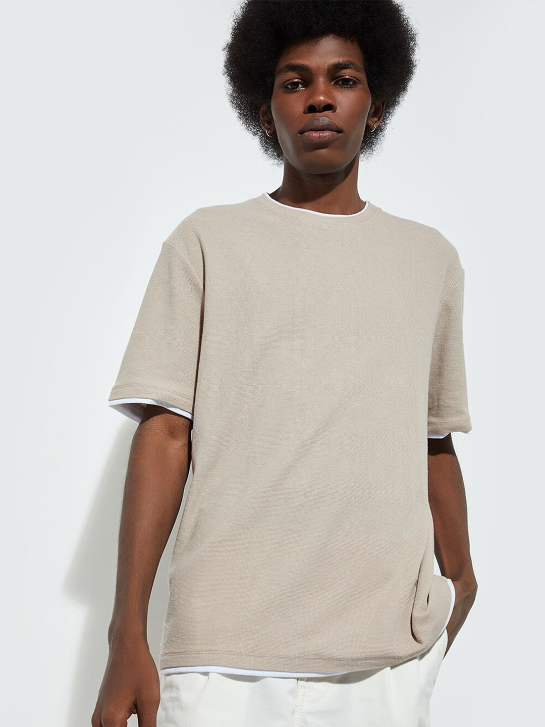 

max URB_N Men Sports Round Neck Short Sleeves Cotton T-shirt, Beige