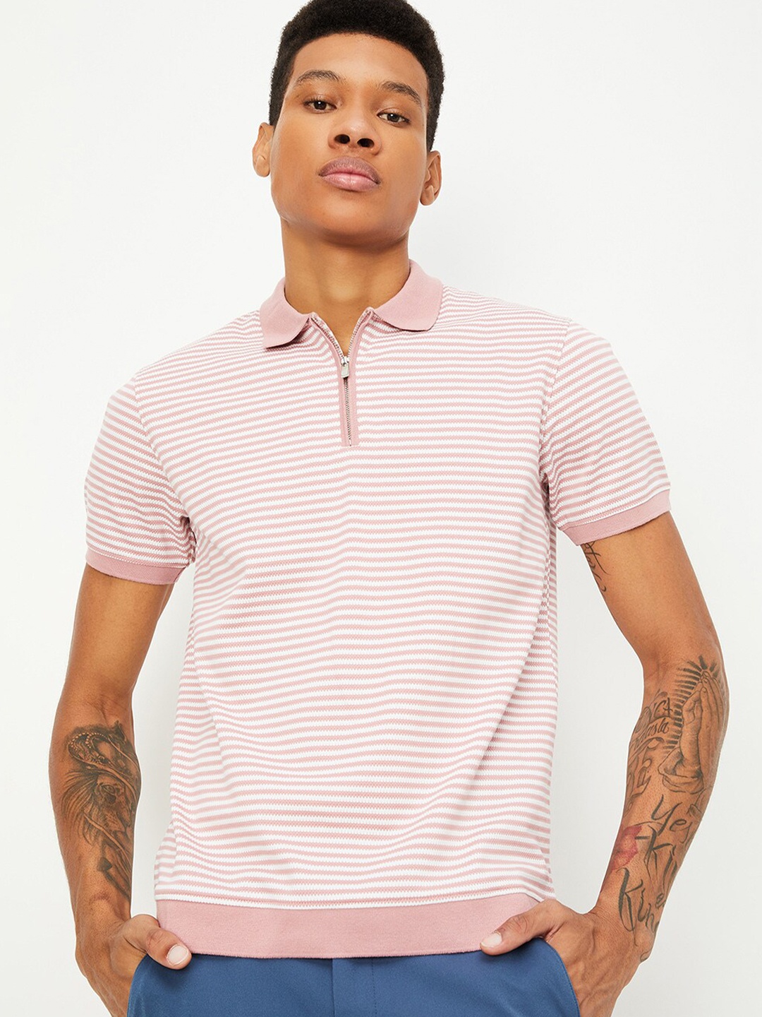 

max Striped Regular Fit Short Sleeves Round Neck Cotton T-shirt, Pink