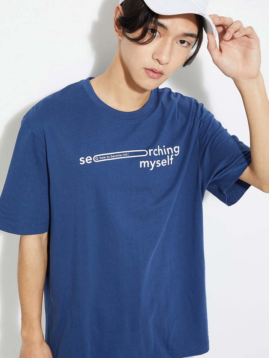 max URB_N Typography Printed Pure Cotton T-shirt, Navy blue