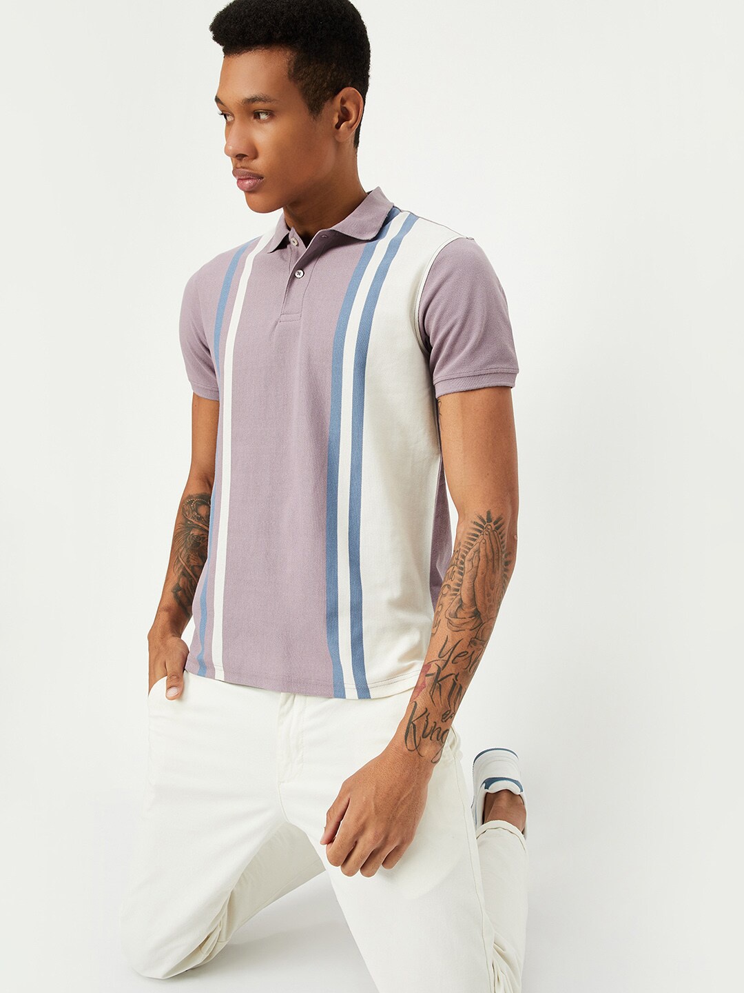 

max Striped Polo Collar Short Sleeves T-shirt, Pink