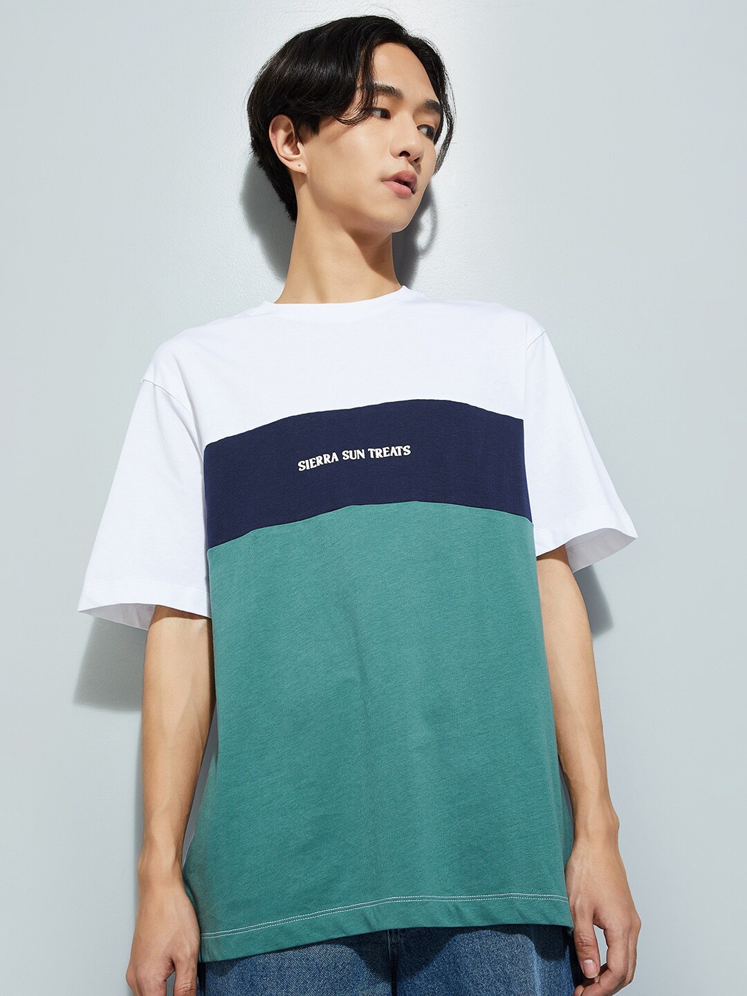 

max URB_N Colourblocked Round Neck Cotton T-shirt, Green