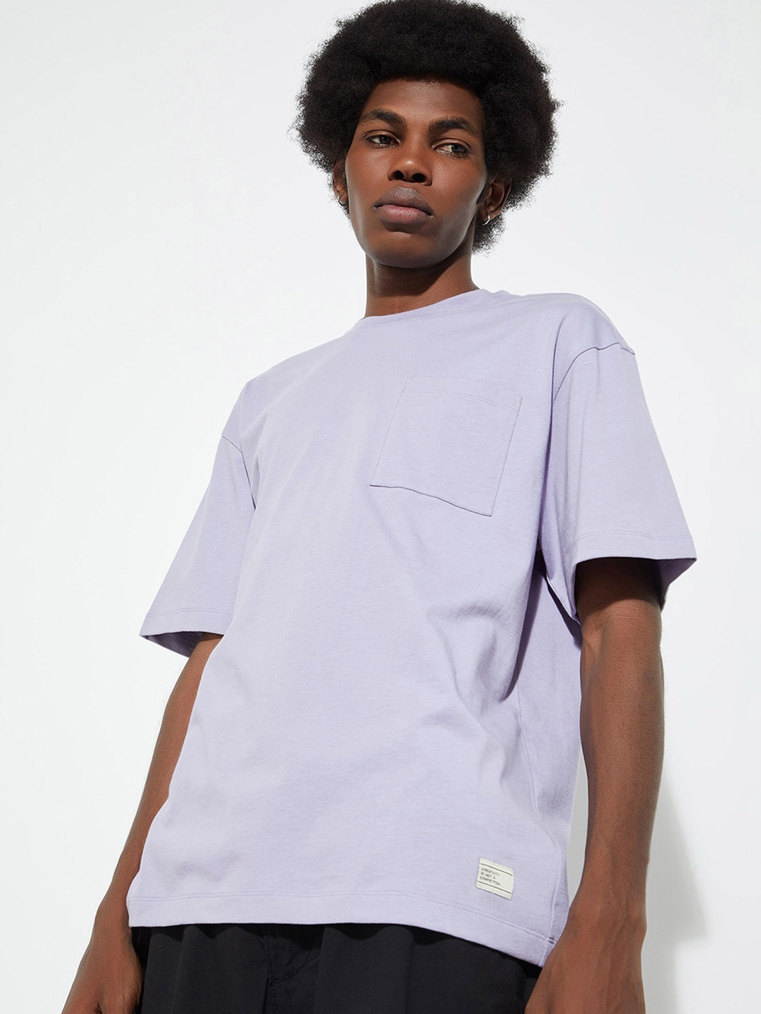 

max URB_N Round Neck Drop Shoulder Sleeves Oversized Cotton T-shirt, Purple