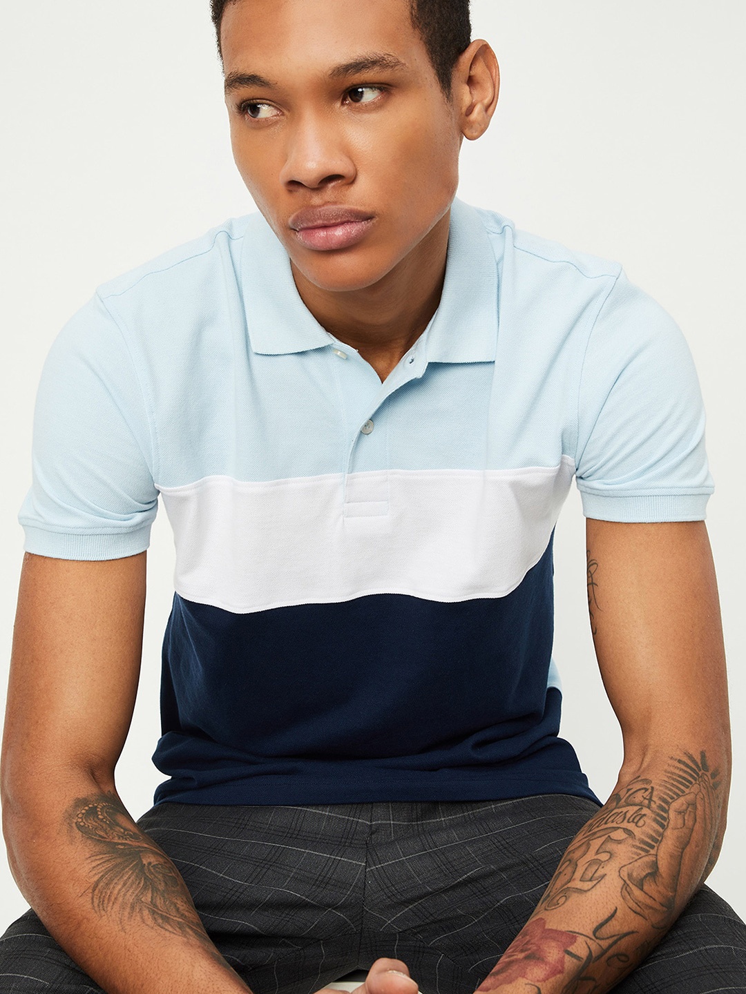

max Colourblocked Polo Collar Short Sleeves Cotton T-shirt, Navy blue