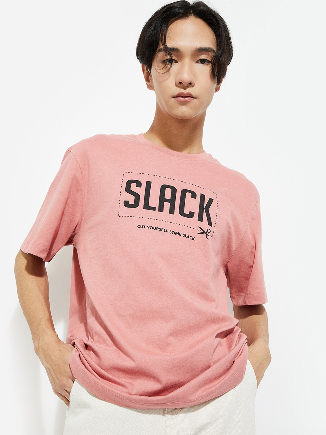 

max URB_N Typography Printed Cotton Casual T-shirt, Coral