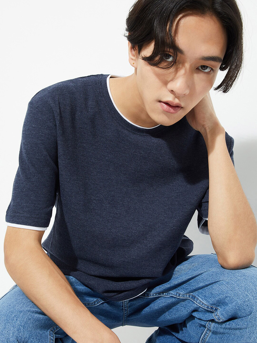 

max URB_N Round Neck Drop-Shoulder Sleeves Cotton Oversized T-shirt, Navy blue