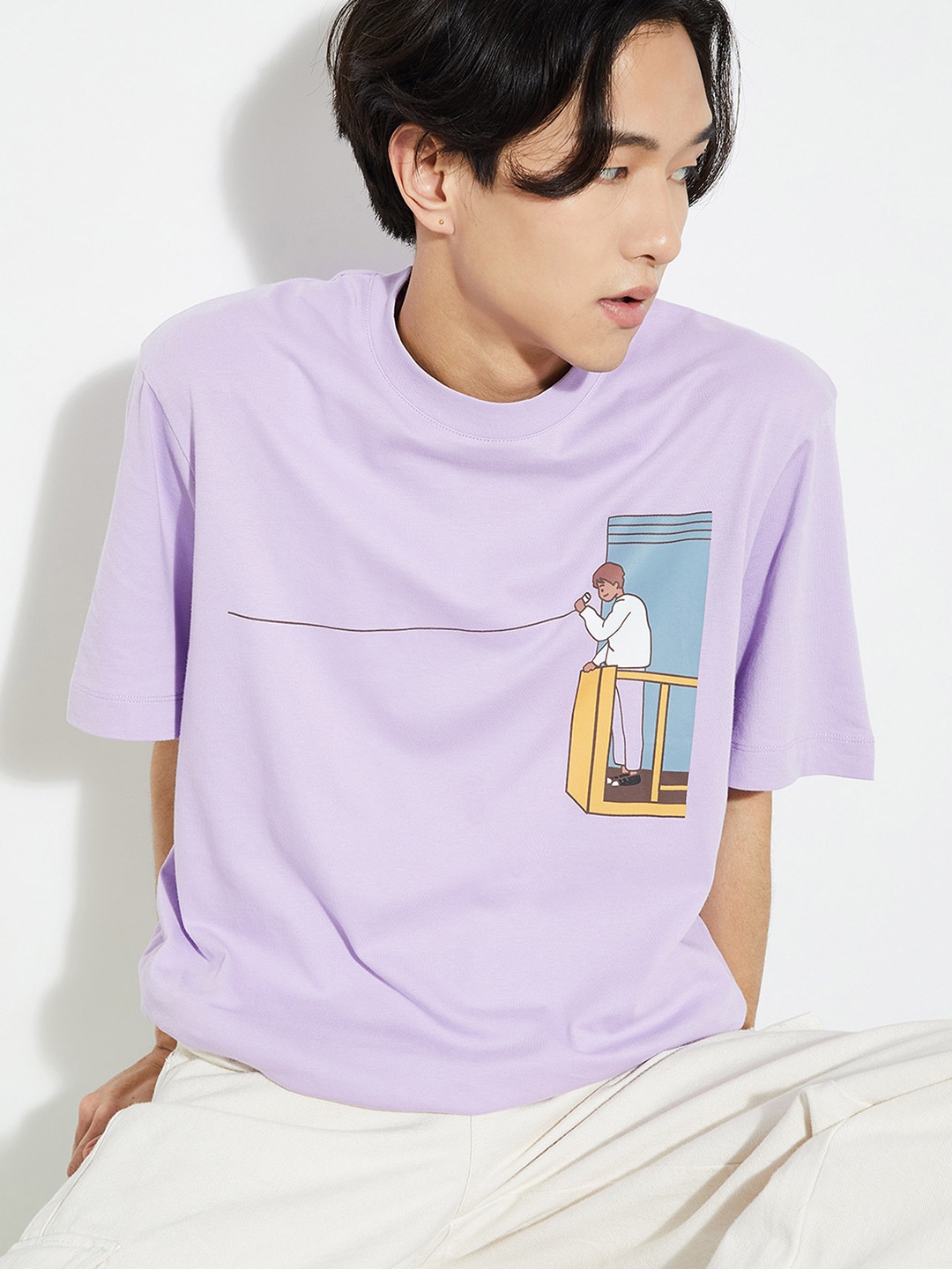 

max URB_N Printed Round Neck Drop-Shoulder Sleeves Cotton Oversized T-shirt, Purple