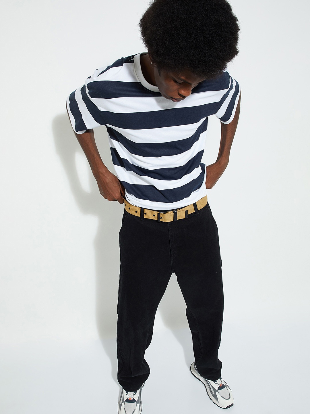 

max URB_N Striped Round Neck Cotton Oversized T-shirt, Navy blue