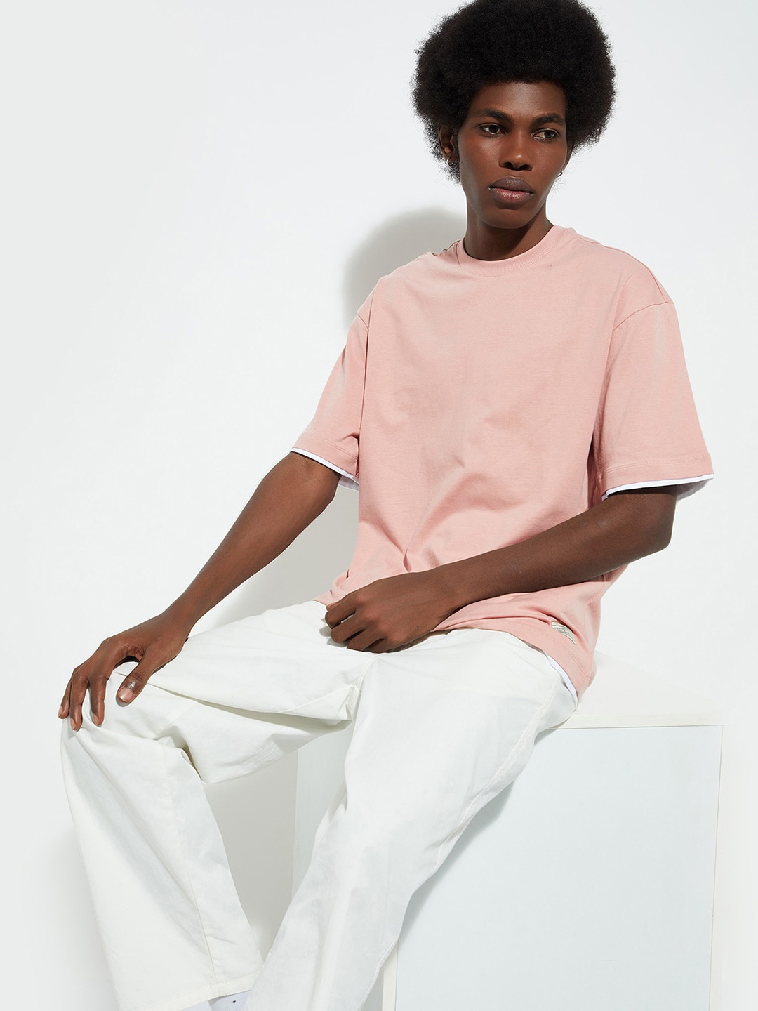 

max URB_N Round Neck Drop-Shoulder Sleeves Cotton Oversized T-shirt, Pink