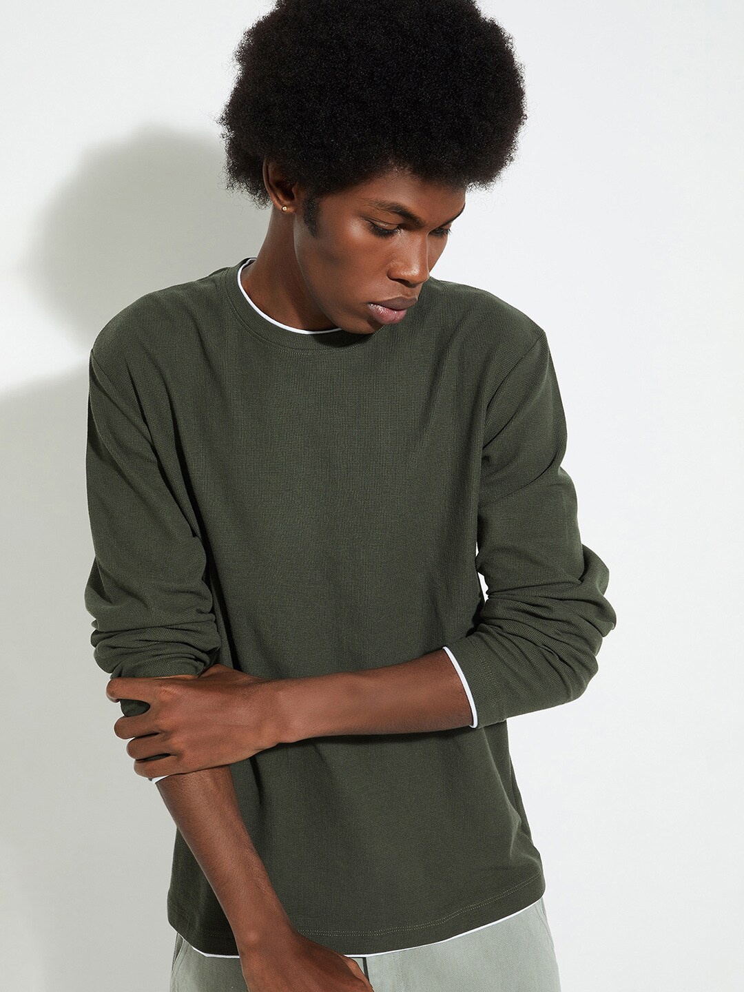 

max URB_N Striped Round Neck Extended Sleeves Cotton T-shirt, Green