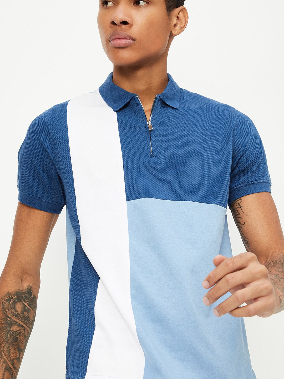 

max Colourblocked Polo Collar Pure Cotton T-shirt, Blue