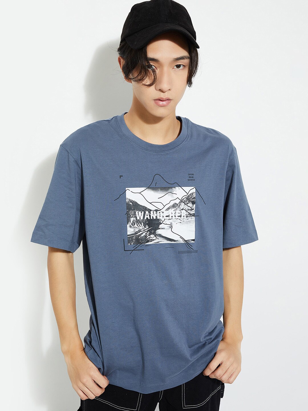 max URB_N Typography Printed Pure Cotton T-shirt, Blue