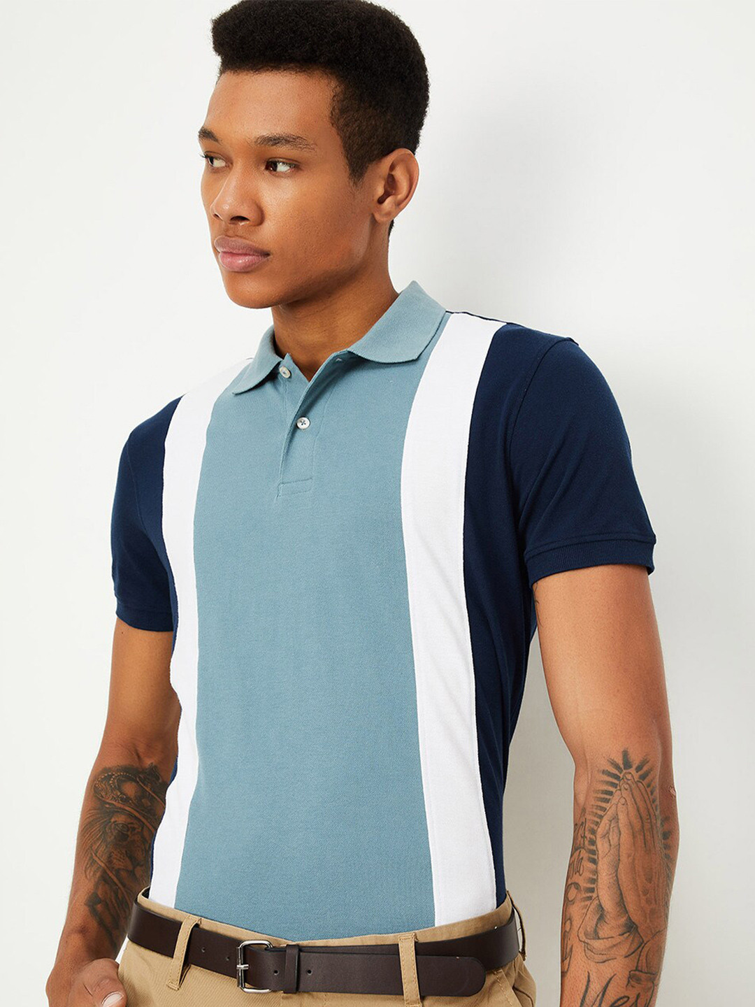 

max Colourblocked Polo Collar Cotton T-shirt, Blue