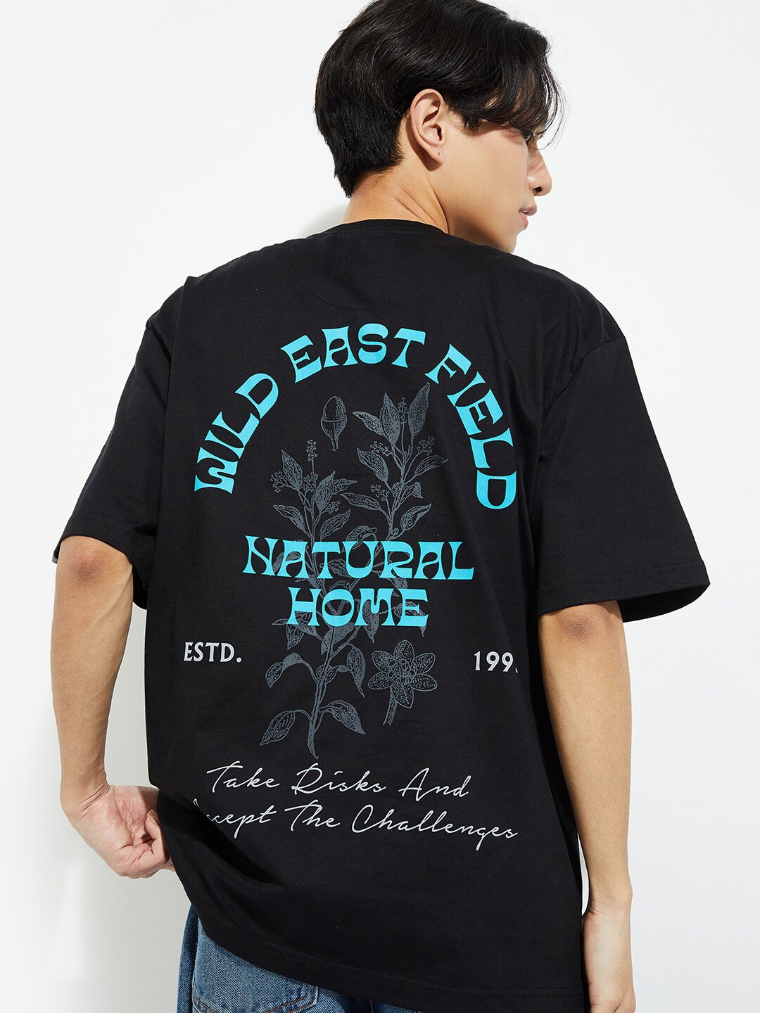 max URB_N Typography Printed Round Neck Cotton T-shirt, Black