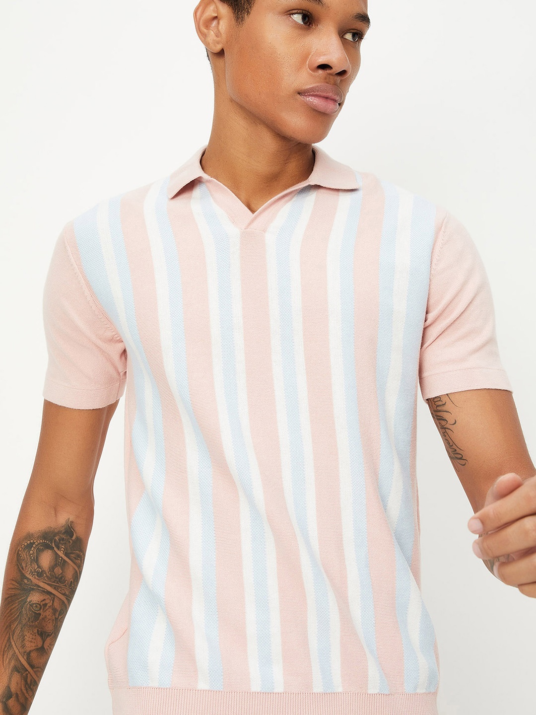 

max Striped Polo Collar T-shirt, Pink