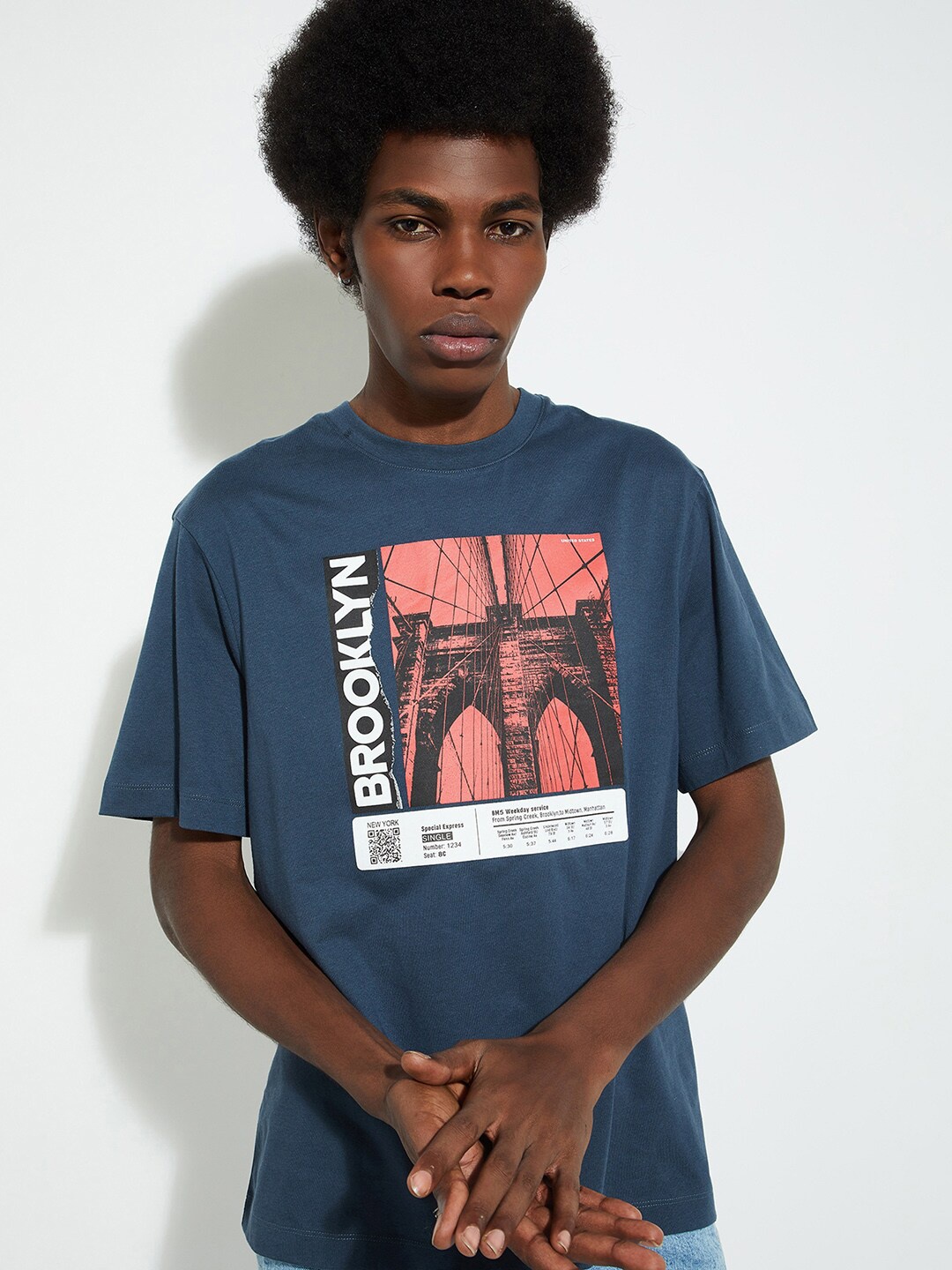 

max URB_N Graphic Printed Round Neck Cotton Oversized T-shirt, Blue