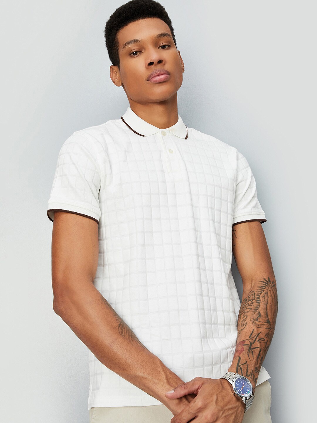 

max Checked Short Sleeves Polo Collar Cotton T-shirt, Off white