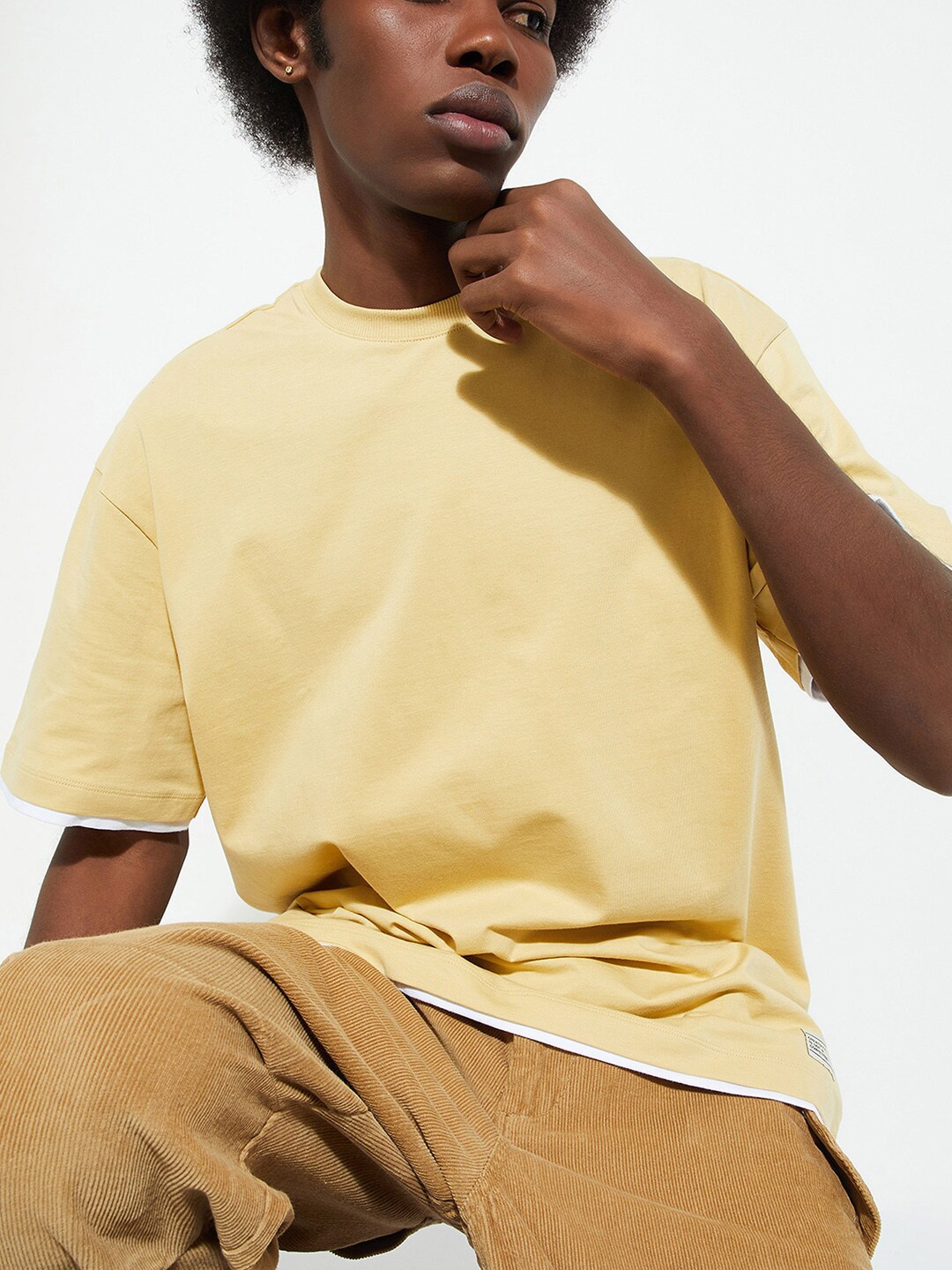 

max URB_N Round Neck Drop-Shoulder Sleeves Cotton Oversized T-shirt, Yellow